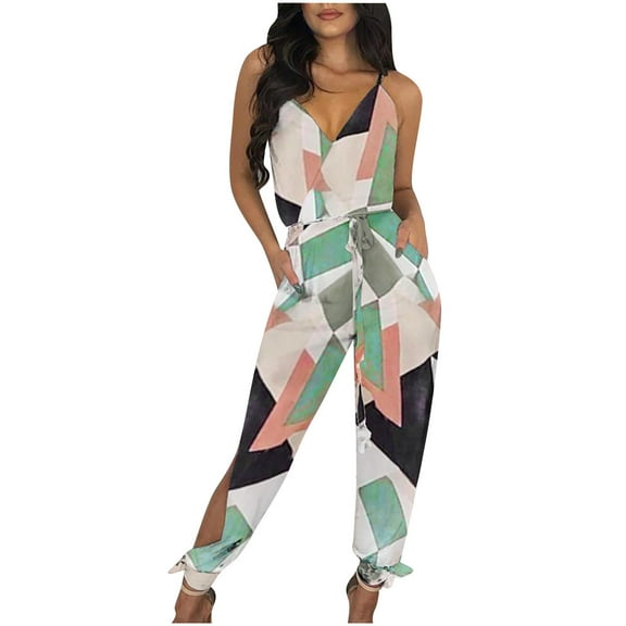 Fesfesfes Rompers for Women Wide Leg Pants Striped Printed Sling Hollow Leg Siamese Jumpsuit With Belt