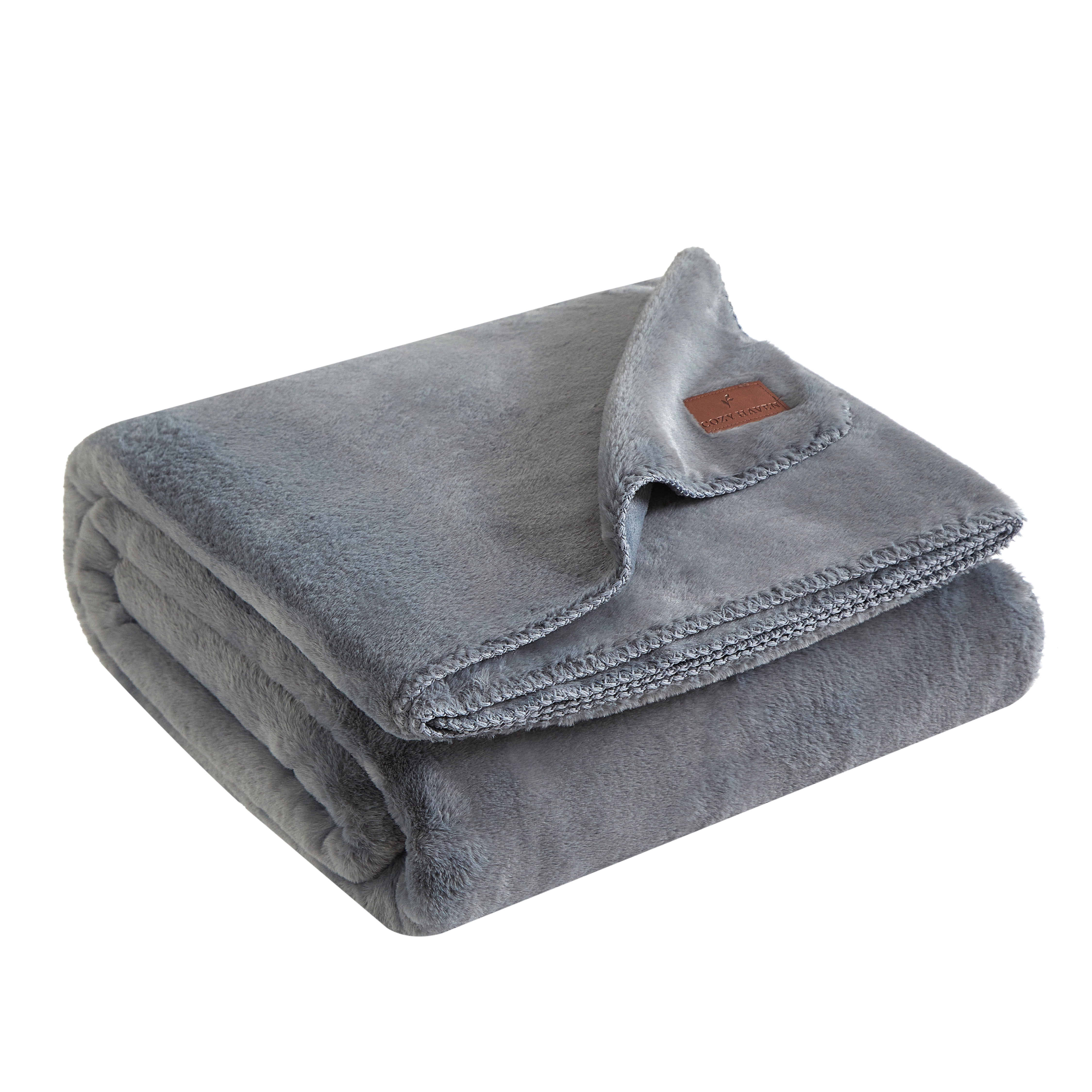 Cozy Haven Luxury Reversible Faux Fur Bed Blanket, Grey, Queen, 90 x 92 in