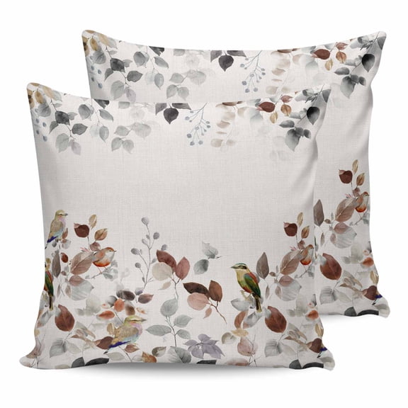 14x14 Pillow Covers Set of 2, Brown Grey Leaves Throw Pillow Covers Decorative Couch Cushion Case, Summer Botanical Pastoral Birds Rustic Microfiber Square Pillowcases for Bedroom Car Living Room