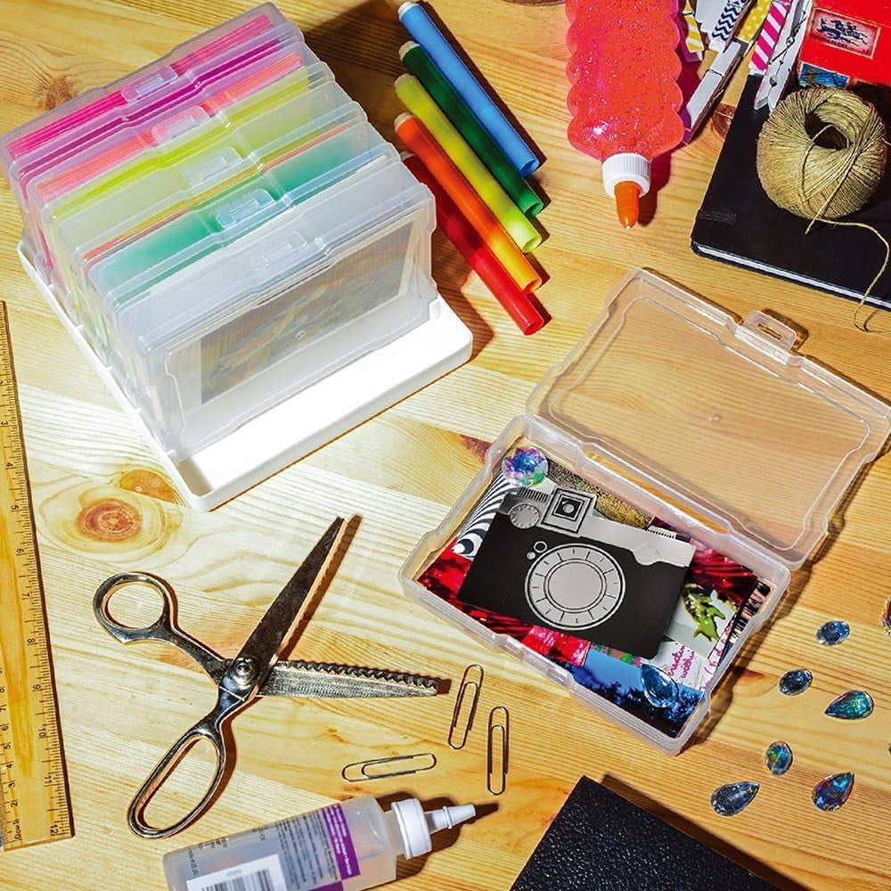 Photo Storage Box with 16 Inner 4" x 6" Photo Case, Portable Storage Organizer with Handle Craft Keeper for Picture, Stickers, Stamps, Screws, Hair Clips, Clear