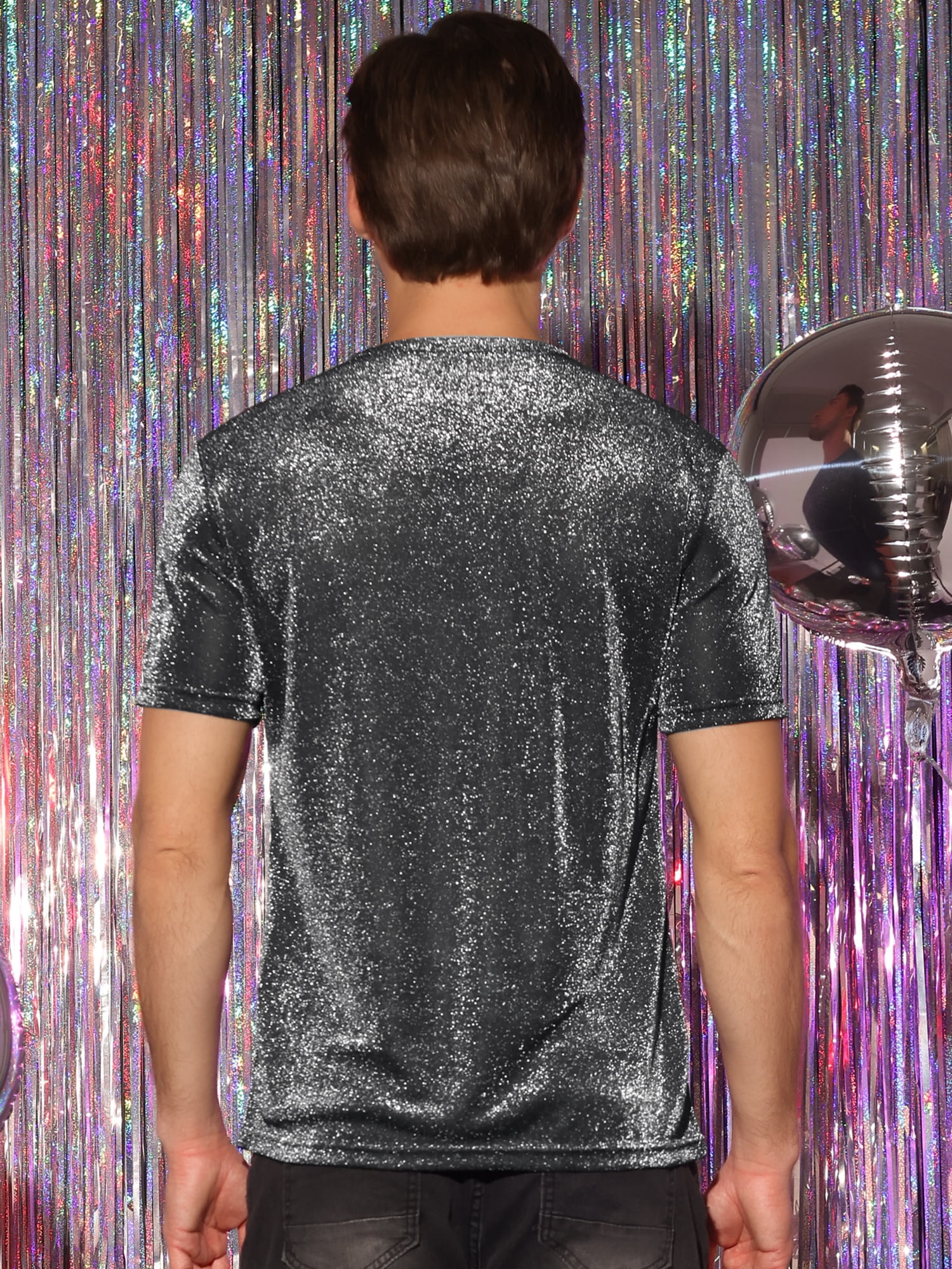 DARING DIVA Men's Shiny Sparkle Short Sleeve Crew Neck Metallic Glitter T-Shirt S Silver