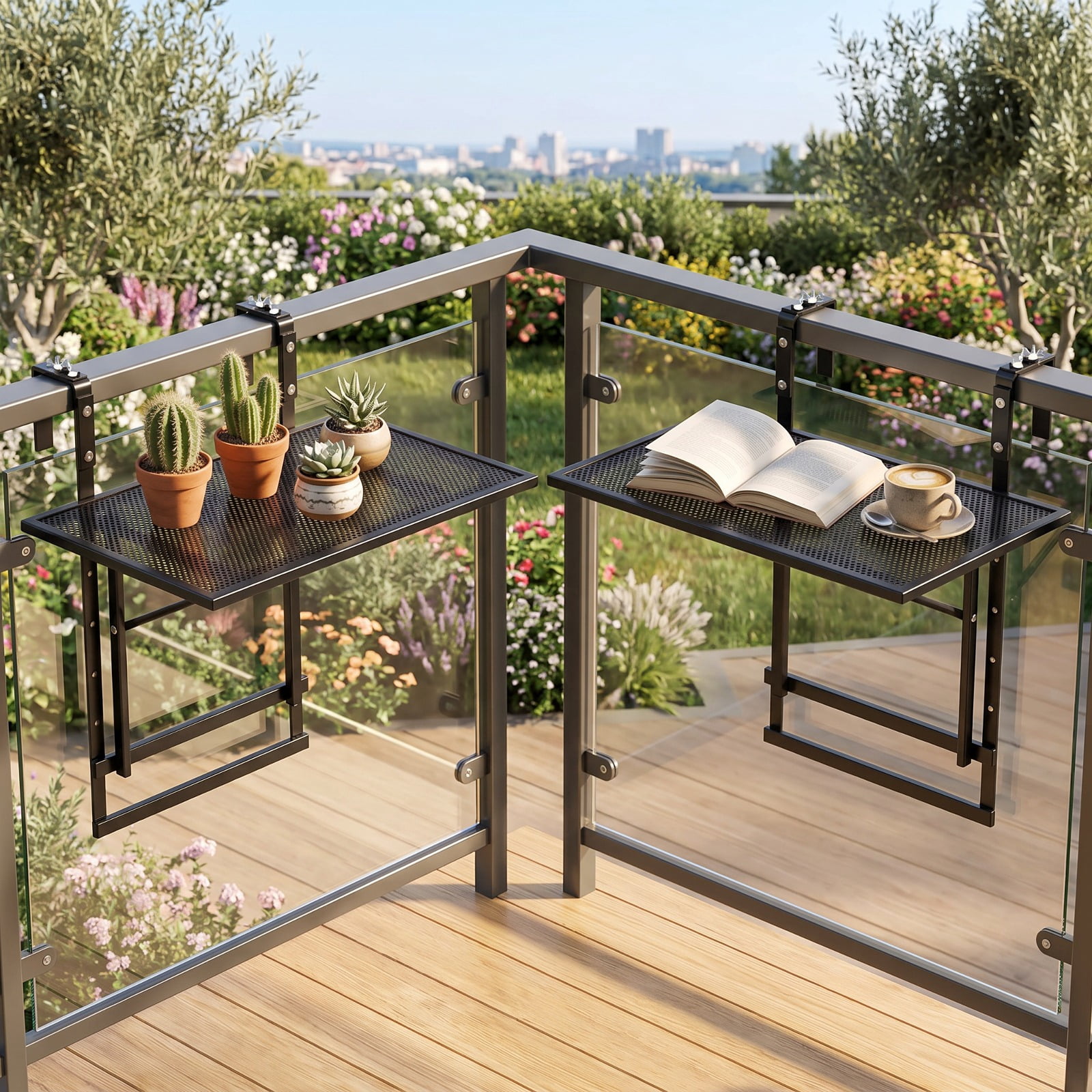 Biotree 48" Balcony Railing Table Set of 2 with 5-Level Adjustable Height for Patio Deck, Black