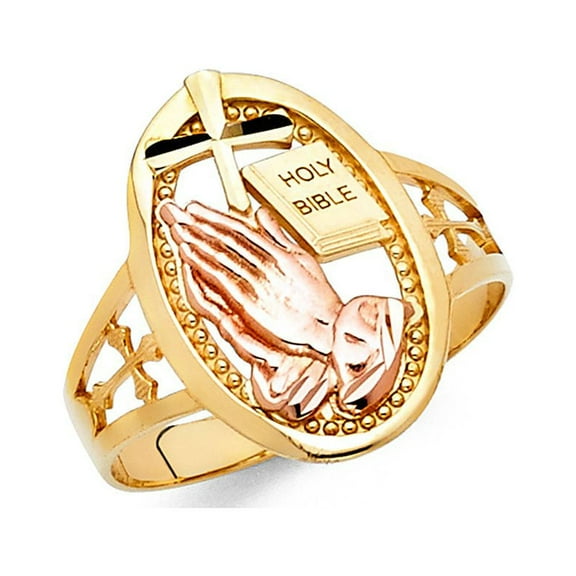 14k Two Tone Italian Solid Gold Cross Hand Holy Bible Oval Shape 18mm Ring