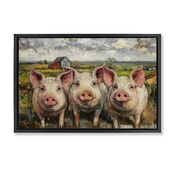 Stupell Industries Classic Barnyard Pigs in Countryside Black Framed Floater Canvas Wall Art, design by Petal Prints Design