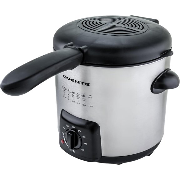 OVENTE Electric Deep Fryer, 0.9L Capacity, 840W with Adjustable Temperature, Locking Lid, Removable Fry Basket & Cool-Touch Handles, Stainless Steel Countertop Fryer, Silver FDM1091BR