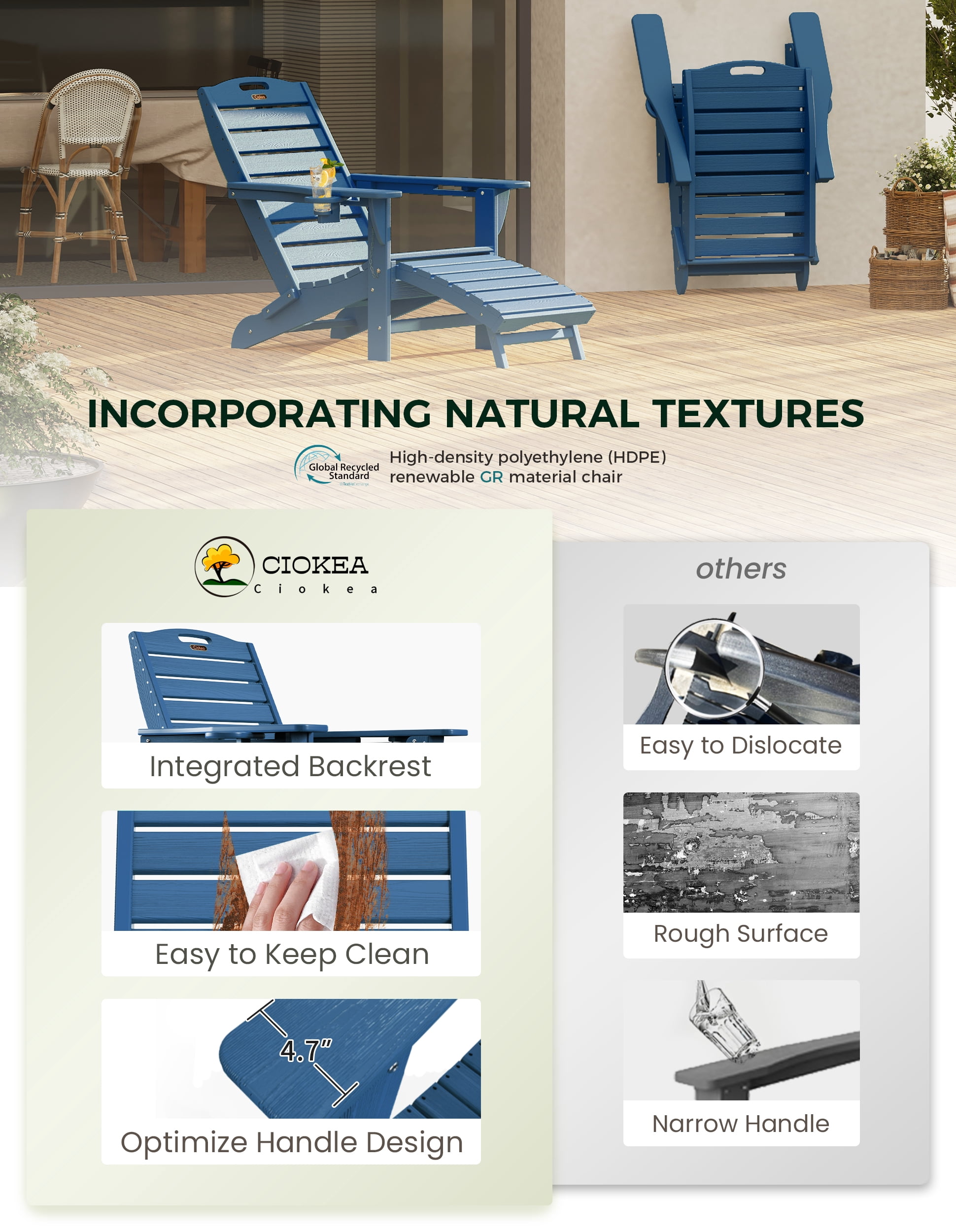 Folding Adirondack Chair Set of 2 with Retractable Ottoman Footrest, Wood Grain HDEP All Weather Fire Pit Chair with 2 Cup Holders for Outdoor, Blue