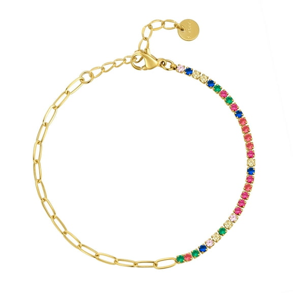 Fasjewly Gemstone Tenis Bracelet,18K Gold Plated Dainty Multi-colors Cubic Zirconia Chain Link Bracelet Jewellry Gifts for Women Girls