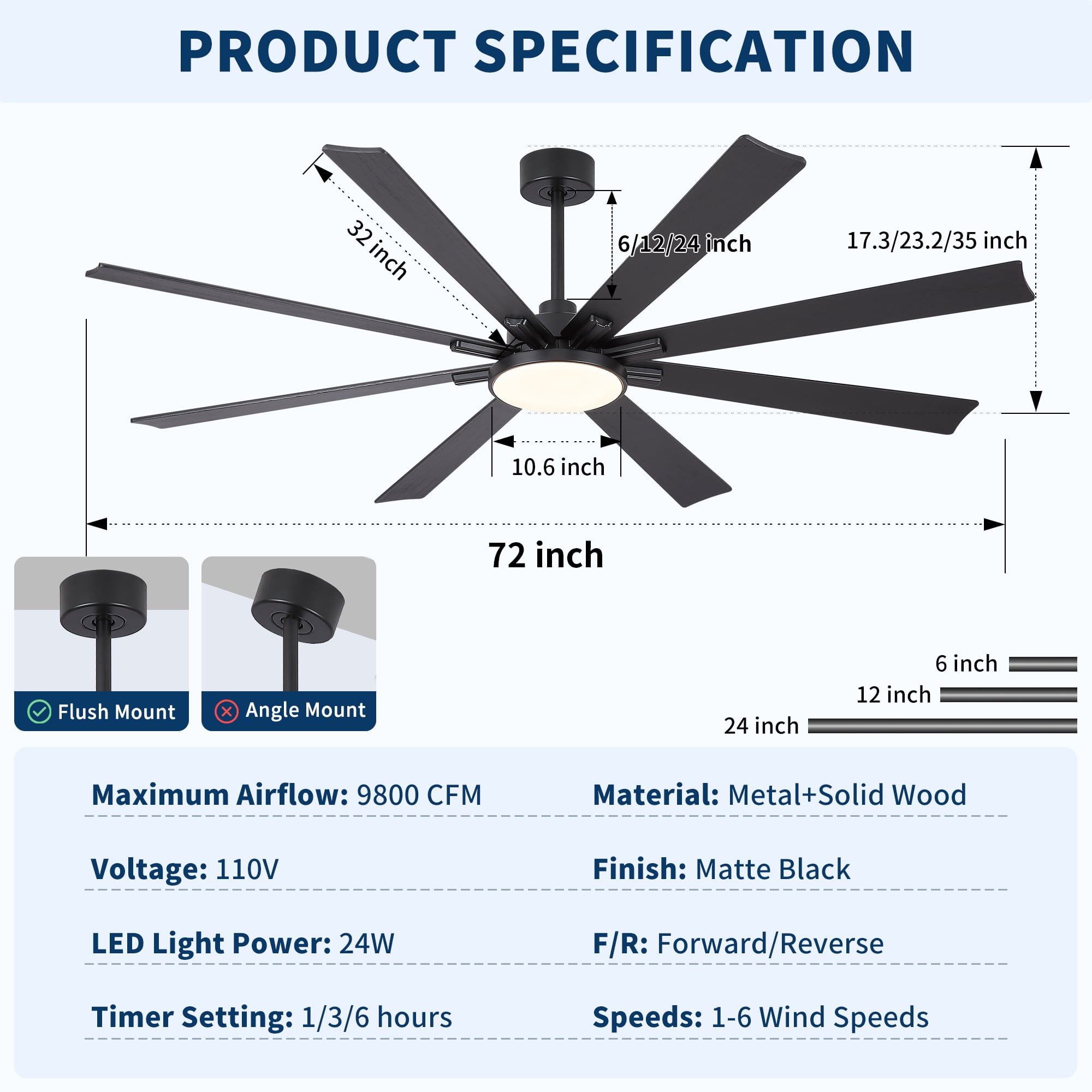 72 inch Ceiling Fan with Light, Solid Wood Blades DC Motor Reversible Remote Control,Black
