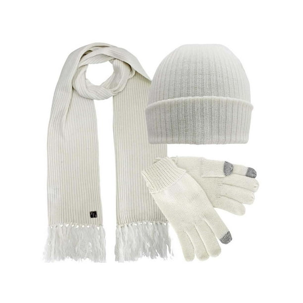 Ivory Ribbed Knit Men's 3 Piece Hat Scarf & Texting Gloves Set 