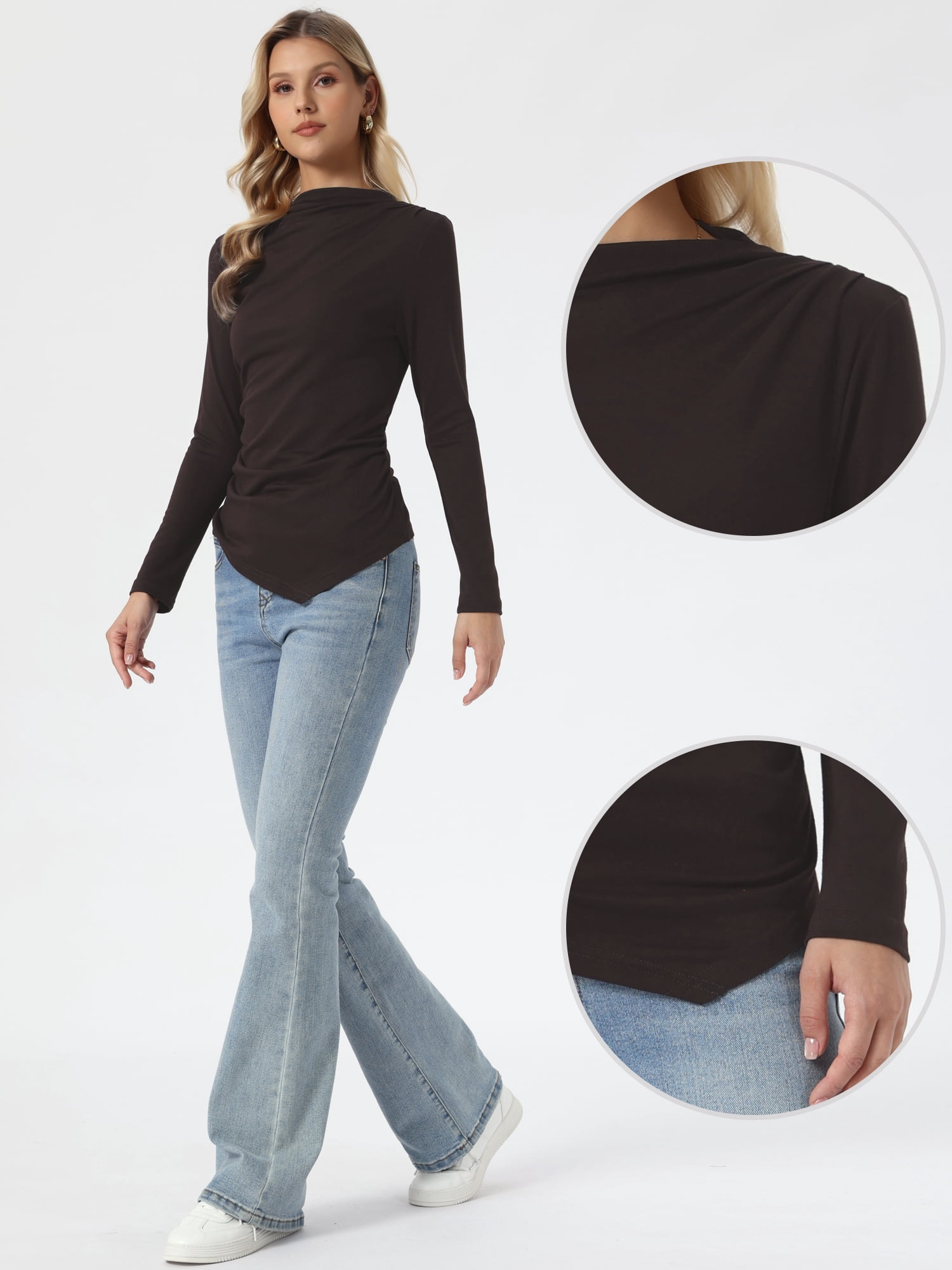 DARING DIVA Women's Pleated Mock Neck Long Sleeves Cozy Fitted Top XL Coffee