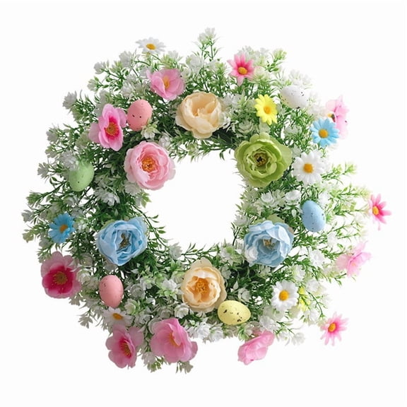 Easter Wreath for Front Door 15 Inch, Colorful Spring Wreath Artificial with Eggs and Flowers, Farmhouse Decor for Spring Easter Holiday Home, Outdoor Wall Window Door Decor Wreath Decoration