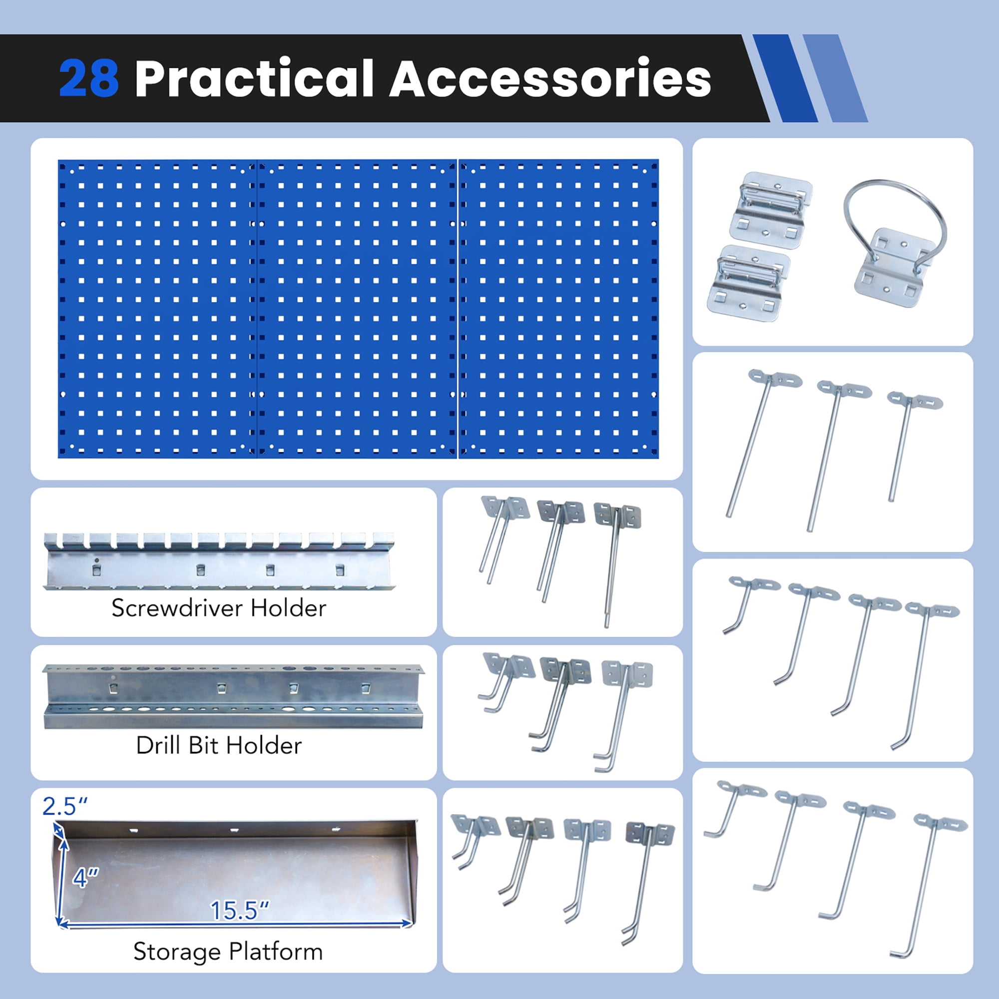 Gymax 3 Pcs Pegboard Wall Organizer w/ 25 Hooks Drill Bit Holder Screwdriver Holder Navy