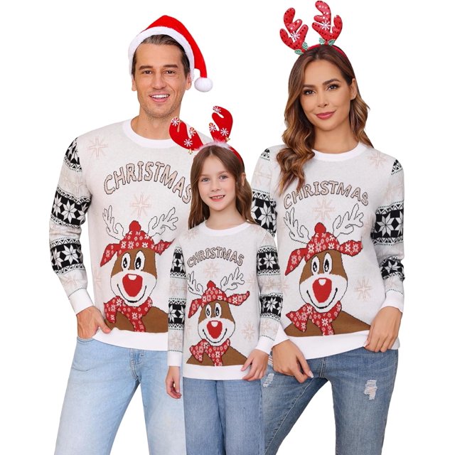 Marvmys Chandail de Noël Assorti pour la Famille Col Rond Rennes Flocons de Neige Chandail Tricoté Laid pour Hommes Femmes