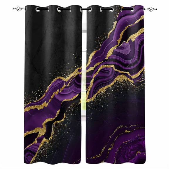 Marble Black Blackout Curtains 54 Inches Long for Bedroom, Purple Gold Art Abstract Vintage Farmhouse Thermal Insulated Room Darkening Black Out Window Curtain Panels Grommet Drapes for Living Room