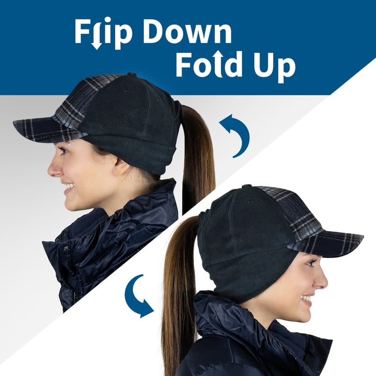〽️Women’s Blue Plaid Winter Ponytail Trucker Hat with Drop-Down Ear Warmers TrailHeads Women main image 3