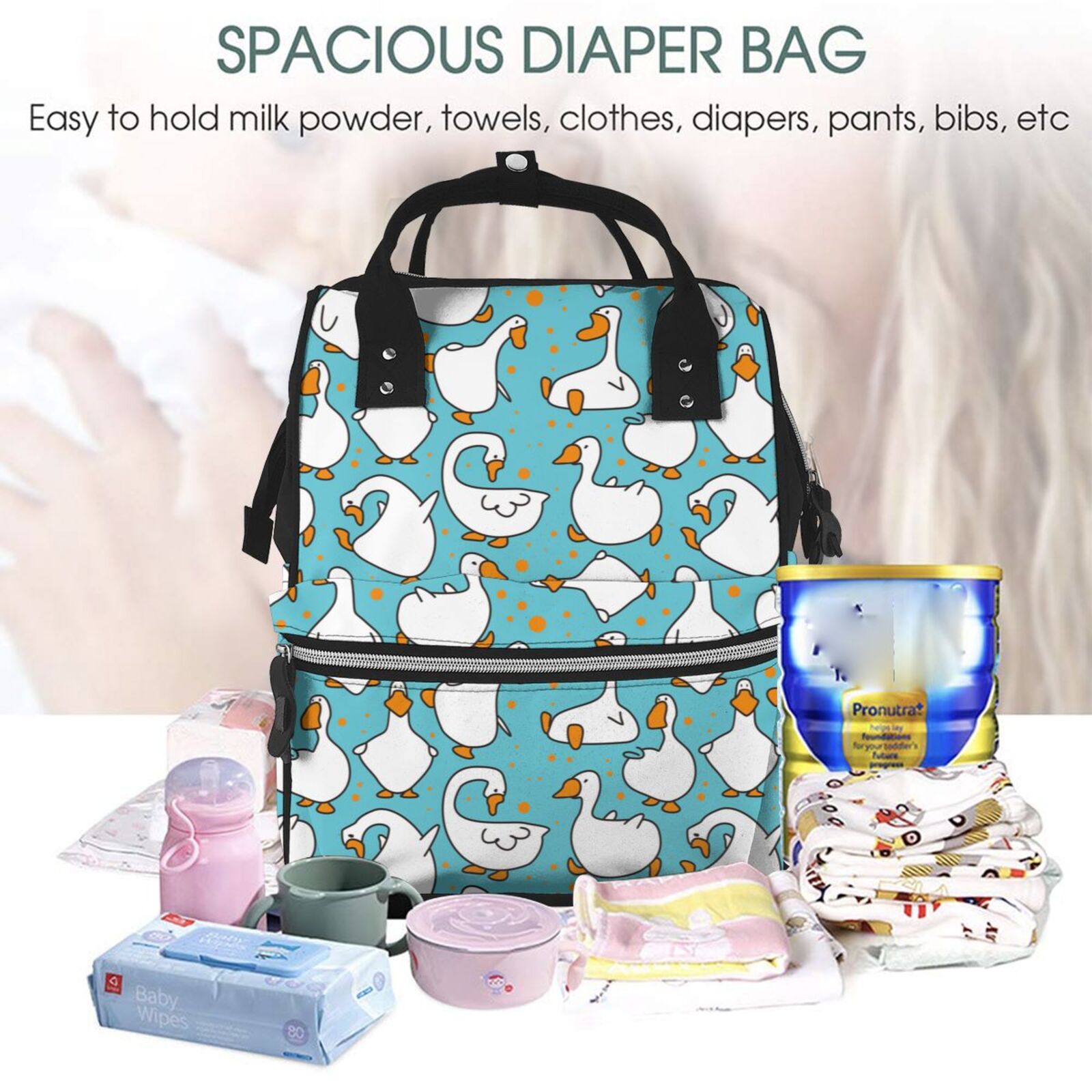 Ratiio Cartoon Funny Goose Mummy Backpack - Waterproof Twill Canvas, Large Capacity Diaper Bag with Multiple Pockets and Adjustable Straps