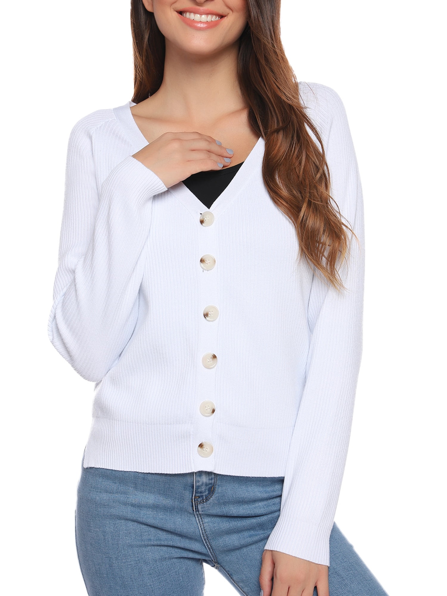Women’s V-Neck Button-Up Knit Cardigan with Long Sleeves