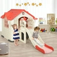thumbnail image 3 of Gymax Outdoor Play house and Slide Set for Kids w/ 7 PCS Toy Set & Waterproof Cover Pink, 3 of 9