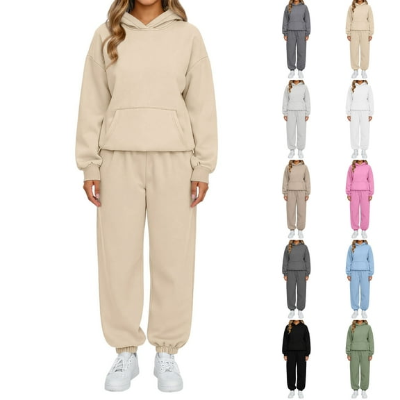 Women's Casual Hooded Sweatshirt and Wide-Leg Pants Tracksuit Set, for Winter Sports and Everyday Comfort,Beige,L