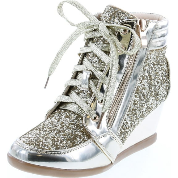 Forever Link Women's Casual & Dress Glitter High Top Lace Up Wedge Sneakers, Gold, 7