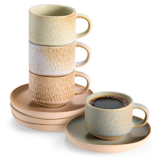 Kook Espresso Mug and Saucer Set 2.7 oz, Set of 4, Neutral Multicolor