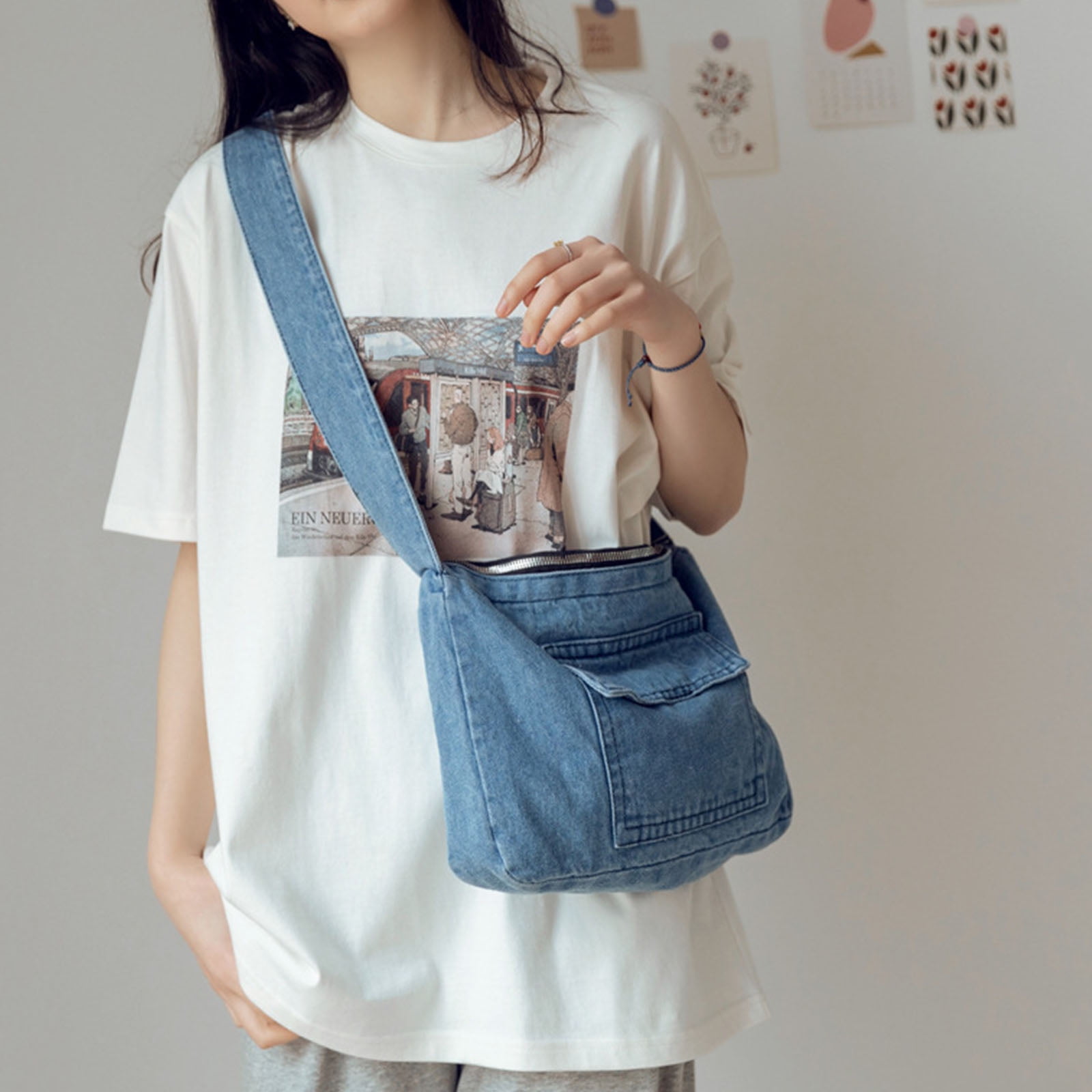Denim cylinder messenger bag women's shoulder bag simple all-match  small bag