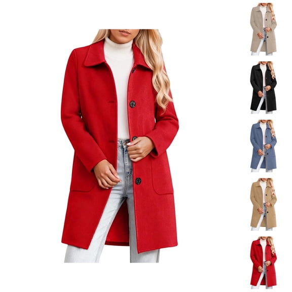 Mid Length Coat With Notch Lapel Button Front Pockets Long Sleeve Winter Outerwear For Cold Weather