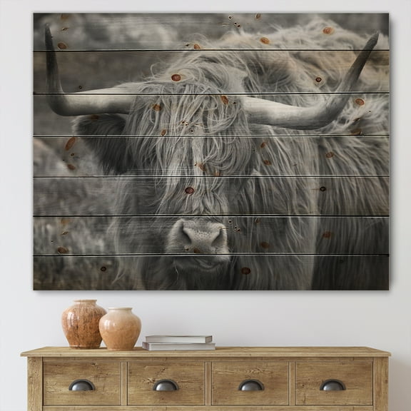 Designart 'Close Up Of Scottish Cow On Moorland I' Farmhouse Print on Natural Pine Wood