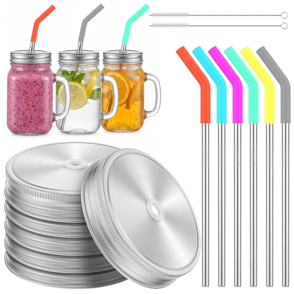 6Pcs Stainless Steel Mason Jar Lid with Straw Hole Reusable Wide Mouth Mason Jar Lid with 6Pcs Straw and 2Pcs Cleaning Brush for Juice Milk Tea