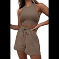 thumbnail image 1 of Conjuntos de Verano para Mujer, Conjunto Informal de 2 Piezas con Top Corto y Pantalones Cortos de Punto Gofre, Ropa de Dormir, Color Café, Talla S, 1 of 9