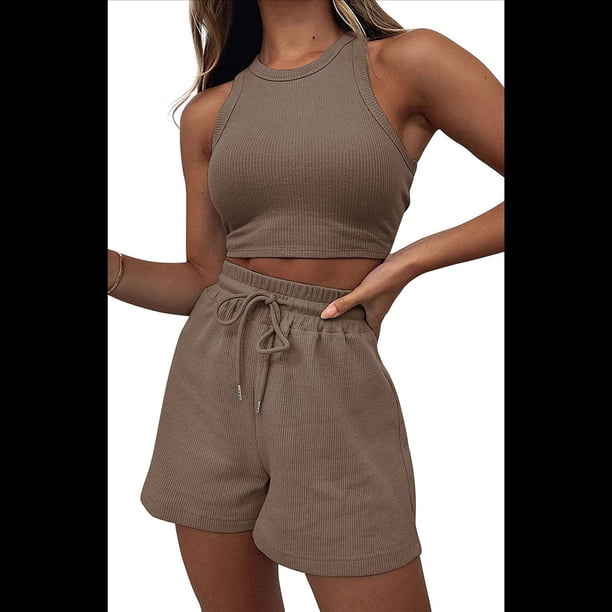 Conjuntos de Verano para Mujer, Conjunto Informal de 2 Piezas con Top Corto y Pantalones Cortos de Punto Gofre, Ropa de Dormir, Color Café, XXL