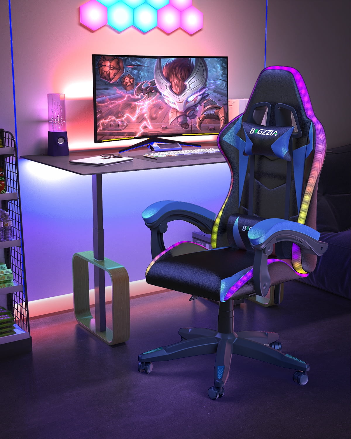 Bigzzia Gaming Chair with LED Lights, Computer Chair with Lumbar Support, Ergonomic High Back Video Game Chair with Swivel Seat and Headrest, Blue