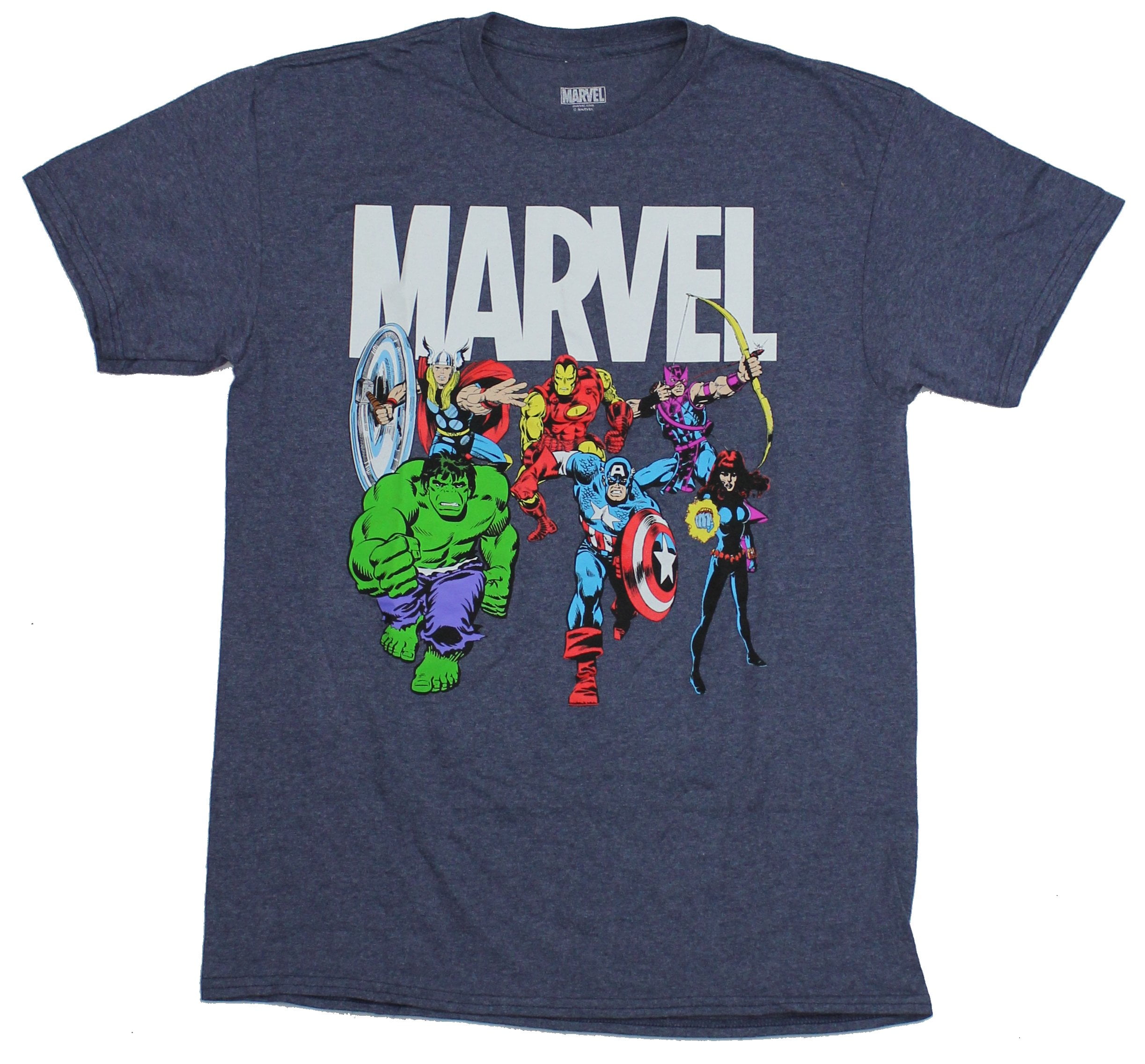 Marvel Comics Mens TShirt Rushing Heroes Under Logo Image (Medium)