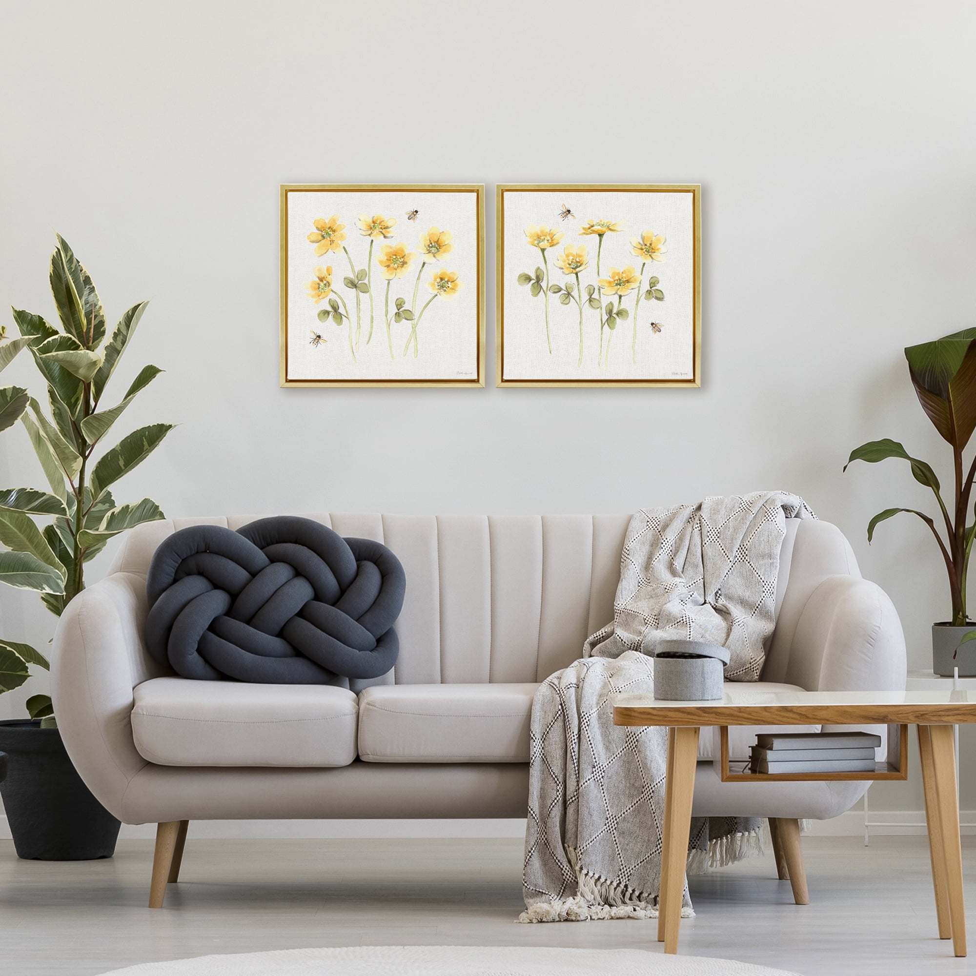 Stupell Industries Sweet Honey Flowers & Bees 2 Piece Gold Framed Floater Canvas Set, design by Beth Grove