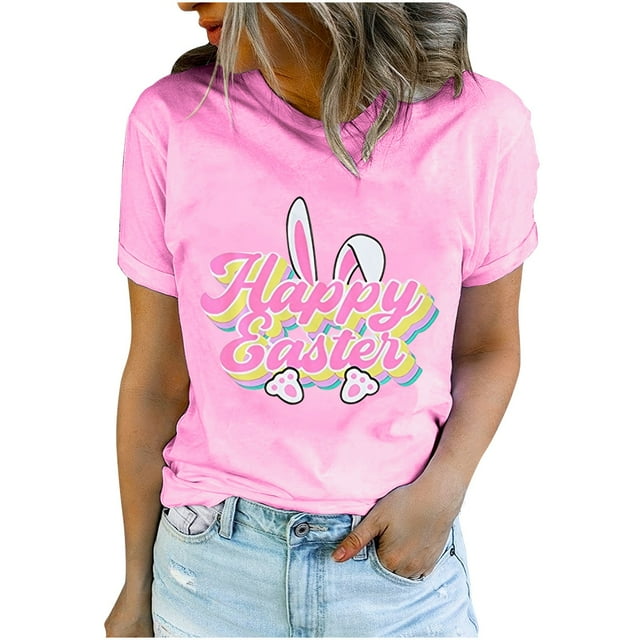 Bowake Easter T-Shirts pour Femmes Manches Courtes Col Rond T-Shirts Easter Joyeux T-Shirts Graphiques Mignons Hauts d'Été Décontractés