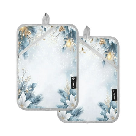 

White Background with Snowflakes Square Insulation Pads 2 Piece Heat Resistant 338 Degrees F Oven Mitts for Kitchen Table BBQ Microwave and Other Cooking Occasions