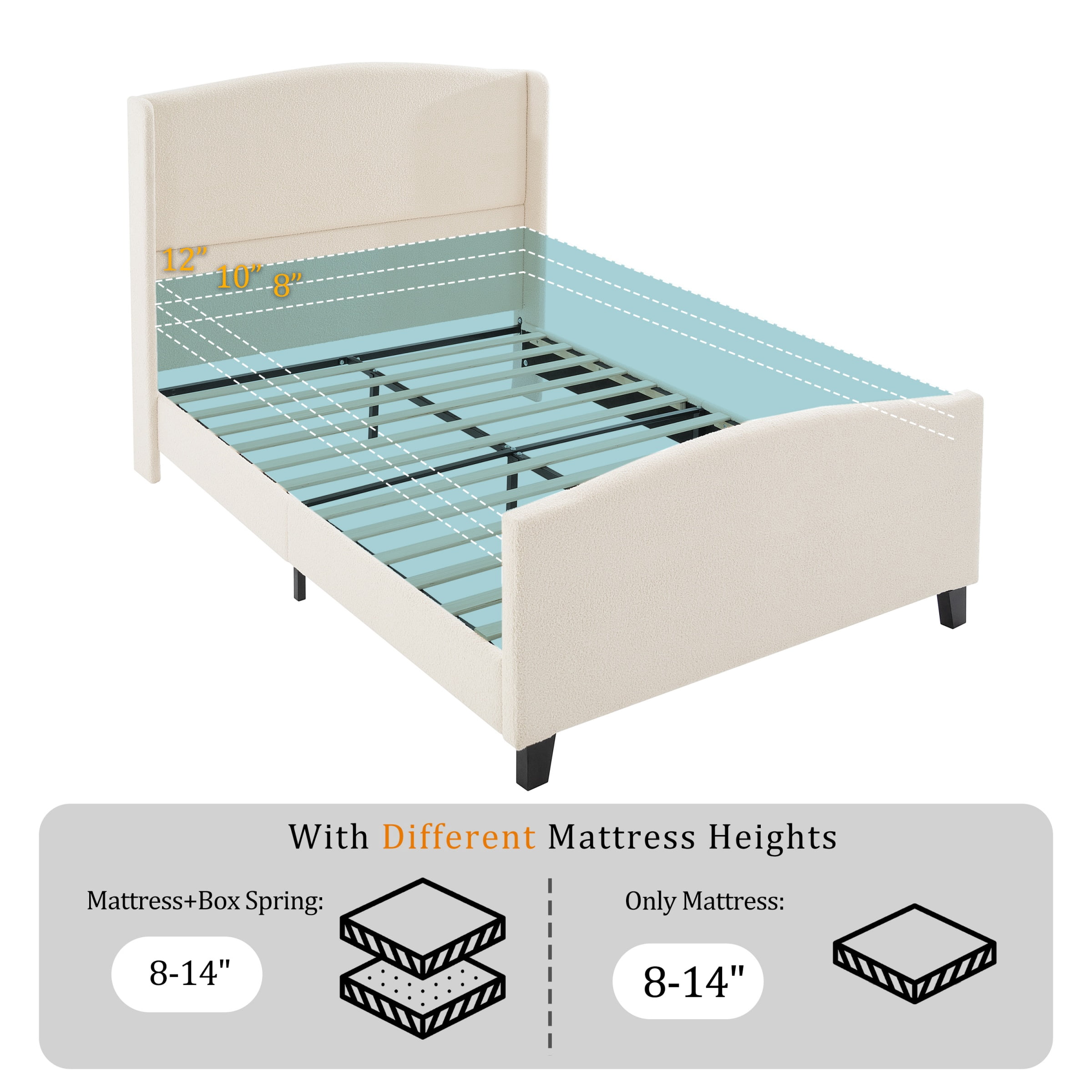Full Size Bed Frame with 49.21"High Back Upholstered Headboard and 27.16" High Footboard,Teddy Velvet,12 Slat Support,Solid Wood Feet,Beige