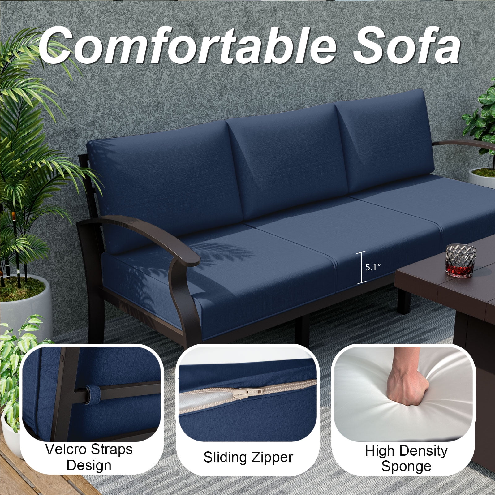 ALAULM Aluminium Patio Furniture Set with Swivel Chairs, 9-Seater Metal Outdoor Furniture Patio Sectional Sofas Patio Conversation Set with 2 swivel chairs For Patio, Backyard, Poolside - Navy Blue
