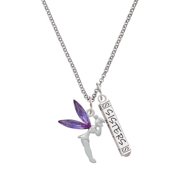 Delight Jewelry Silvertone Large Fairy with Purple Wings Silvertone Sisters Best Friends Forever Bar Charm Necklace, 23"