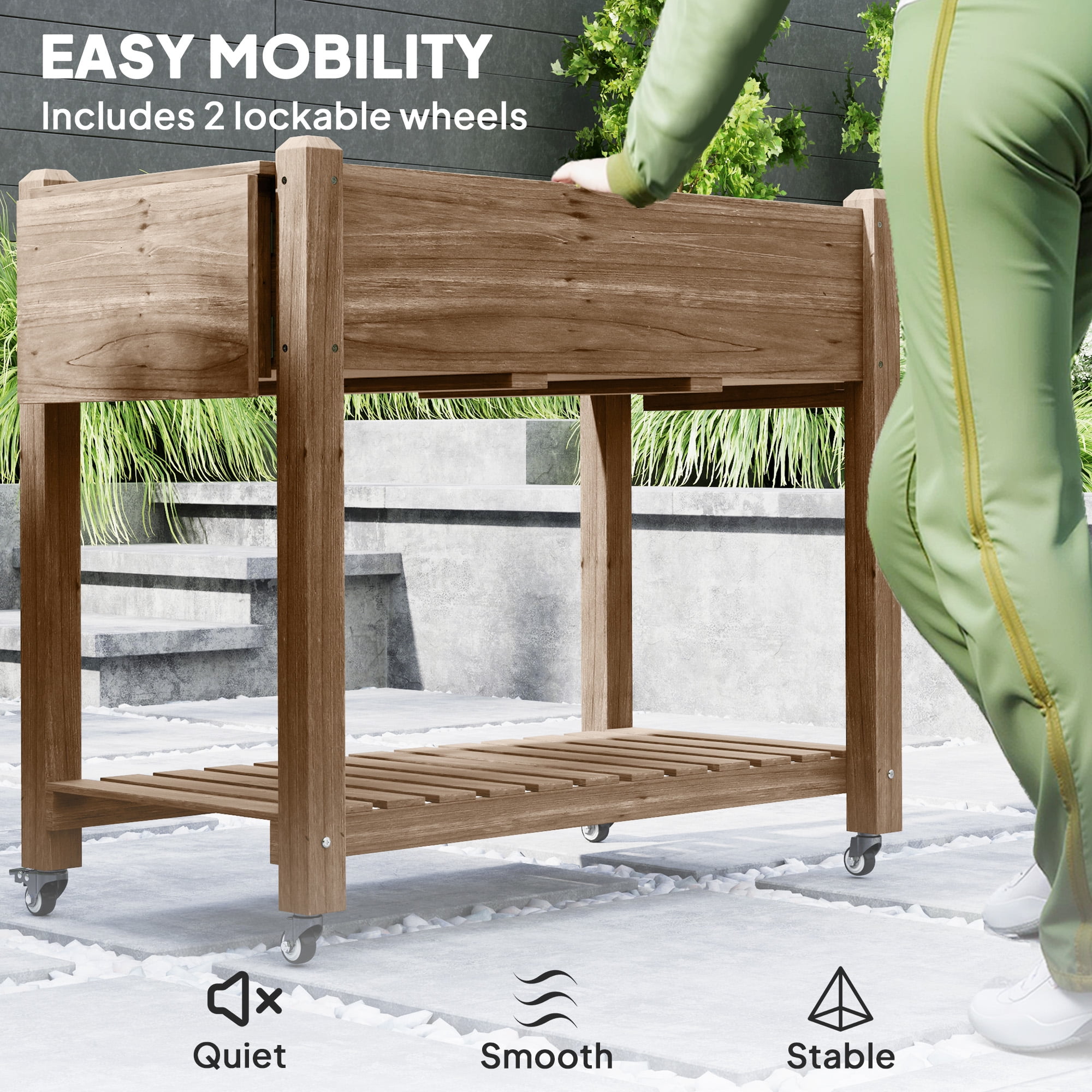 Outsunny Raised Garden Bed, Wood Elevated Planter Box with Lockable Wheels, Side Tables, Bottom Shelf, Bed Liner and Drainage Holes, Carbonized