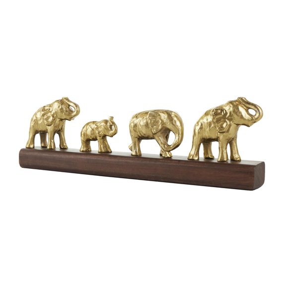 21" x 6" Gold Aluminum Metal Elephant Sculpture with Brown Wooden Base, by DecMode