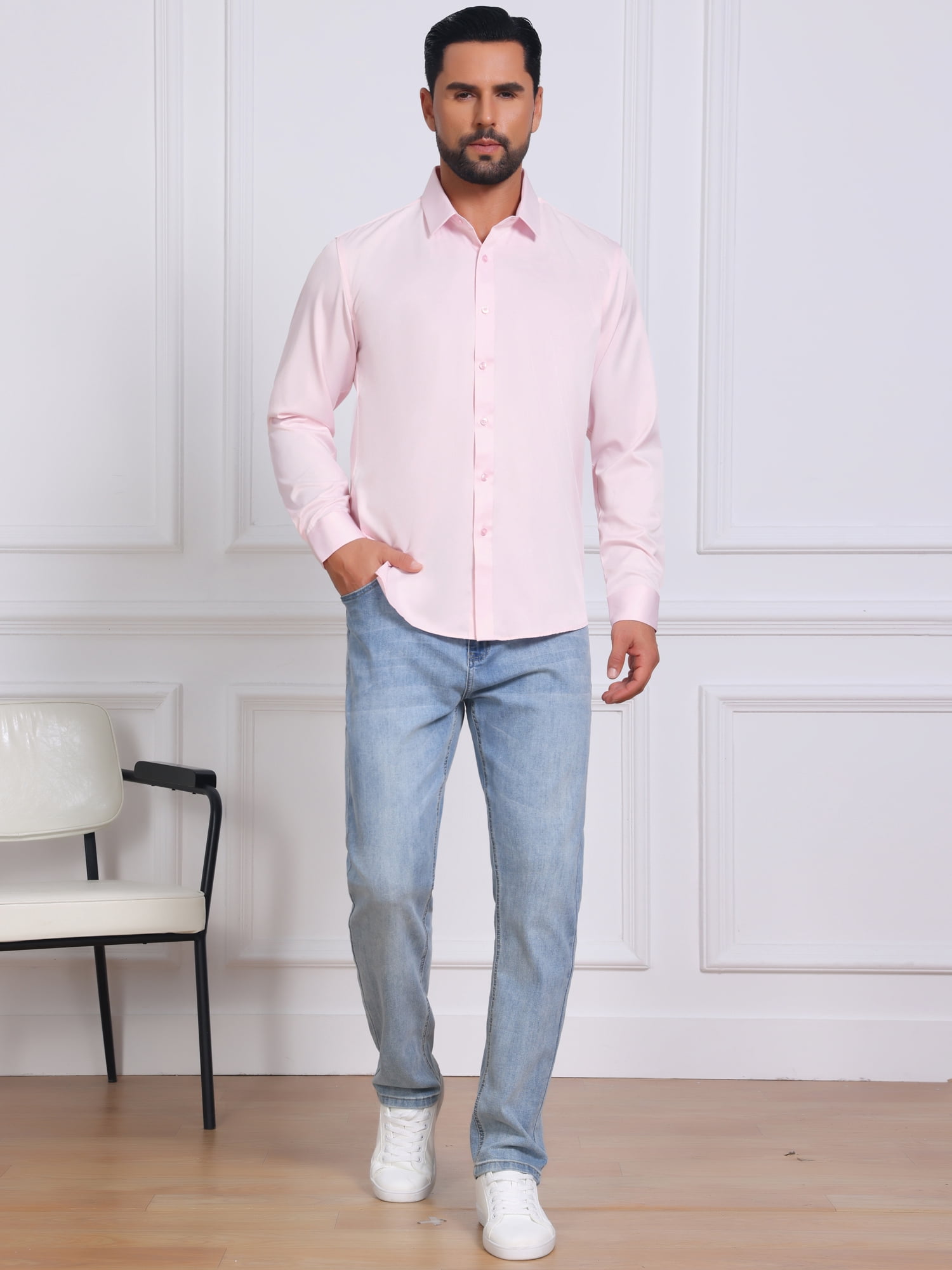 DARING DIVA Men's Point Collar Long Sleeve Button Down Formal Shirts XL Pink