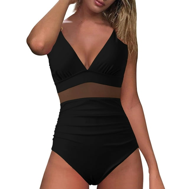 adviicd Womens Bathing Suits Tummy Control Women’s One Piece Swimsuits V Neck Swimwear Ruched Tummy Control Bathing Suit Black,L