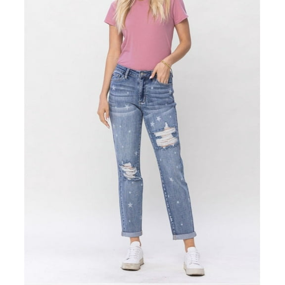 JUDY BLUE MID RISE "STAR CROSSED" DESTROY & ROLL CUFFED BOYFRIEND JEANS