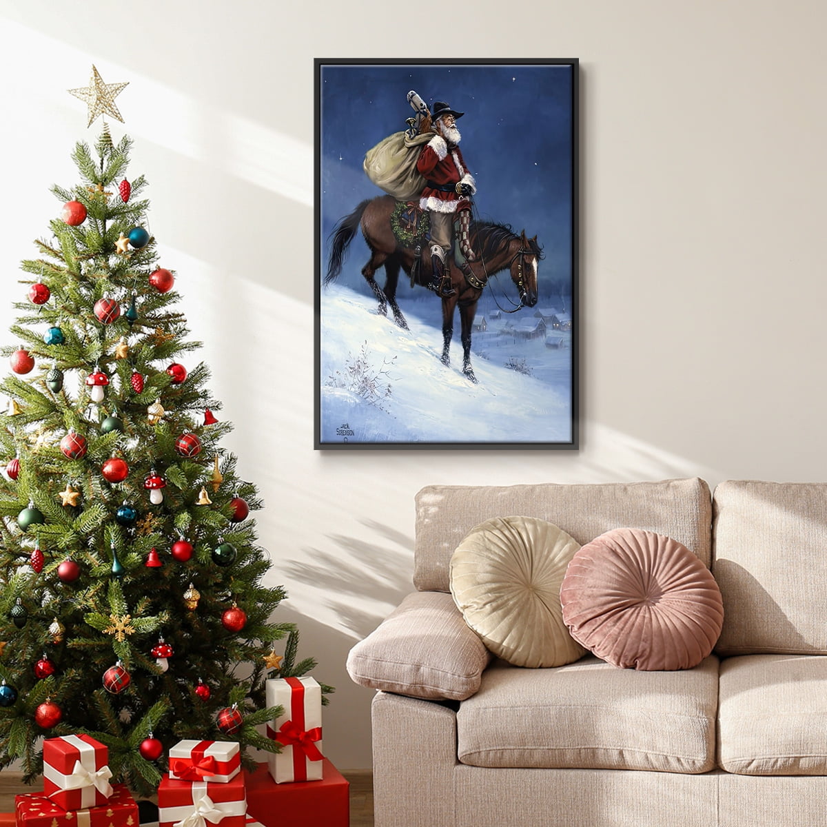 A Cowboy Christmas - Framed Gallery Wrapped Holiday Canvas - 25 x 17 - Black Frame
