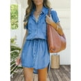 thumbnail image 2 of Women Denim Dress Summer Short Sleeve Button Down Tie Waist Casual Jean Shirt Short Dresses, 2 of 6
