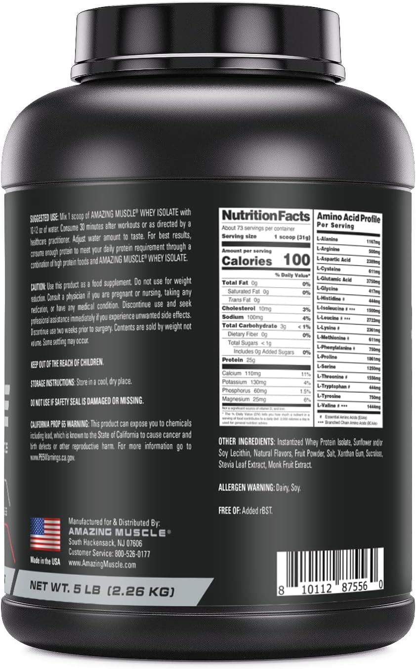 Amazing Muscle Whey Protein Isolate Powder 5 Lbs Strawberry Flavor | 25 Grams Protein Per Serving | 73 Servings Supplement | 100% Whey Isolate | Made in USA