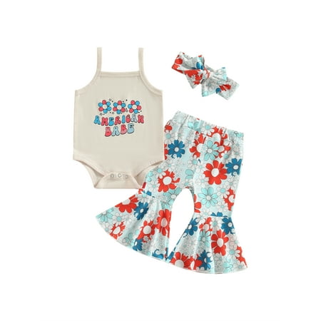 

nvzhuang Baby Girl 4th of July Outfits Sleeveless Romper + Floral Flare Pants + Headband Set