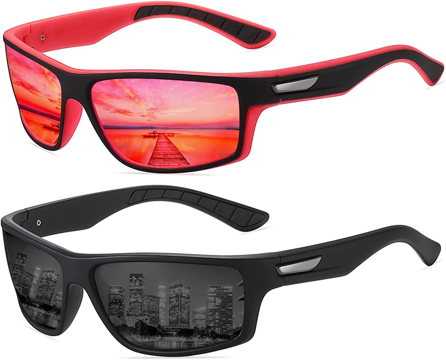 2 PACK Sports Polarized Wrap Around Sunglasses for Men Fishing Cycling