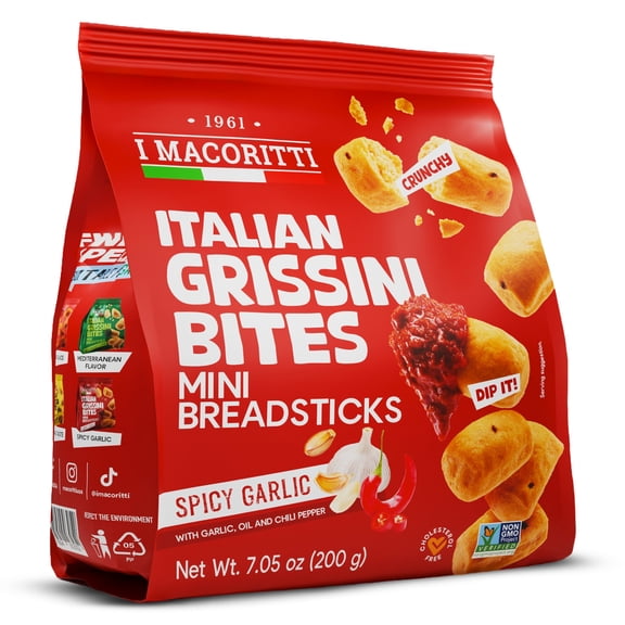 I Macoritti Italian Grissini Bites Spicy Garlic Flavor with Extra Virgin Olive Oil and Chili Pepper Golden Crispy Savory Breadsticks Authentic Snack 7.05oz Bag Pack of 12 Total 84.6 oz